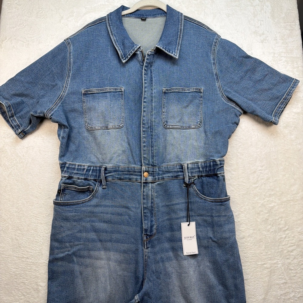 Judy Blue Denim Jumpsuit Womens 3XL Utility Workwear Zip Front Short Sleeve Blue